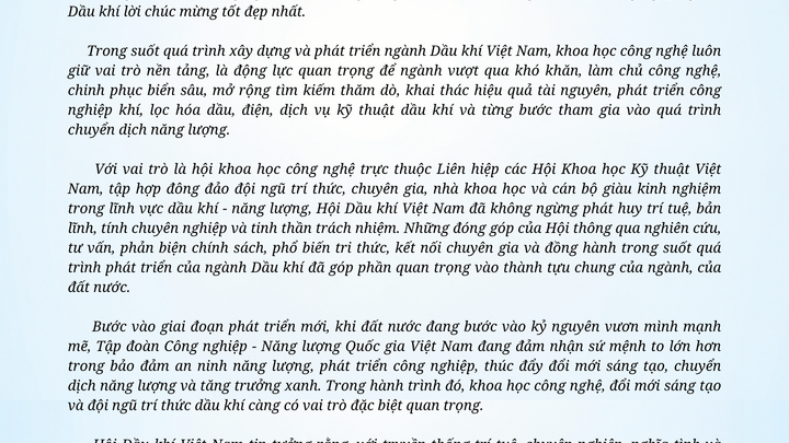 Thư chúc mừng của Chủ tịch Hội Dầu khí Việt Nam nhân Ngày Khoa học, Công nghệ và Đổi mới sáng tạo Việt Nam (18/5/2026)