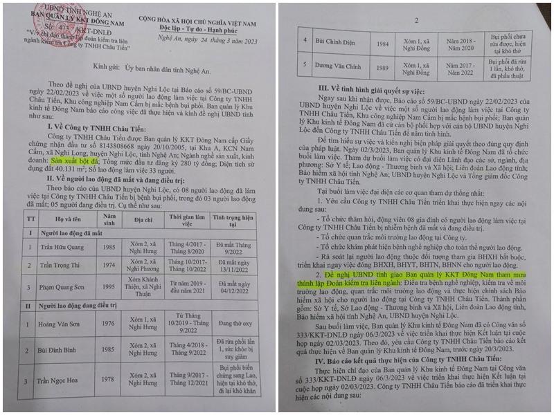 Báo cáo của Ban Quản lý Khu Kinh tế Đông Nam về sự việc xảy ra tại Công ty TNHH Châu Tiến. Ảnh: Hải Đăng