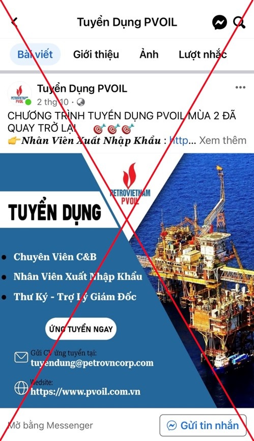 PVOIL cảnh báo Fanpage giả mạo danh nghĩa Tổng công ty đăng thông tin tuyển dụng lừa đảo