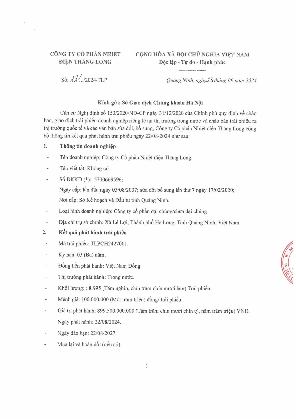 Công ty CP Nhiệt điện Thăng Long vừa hoàn tất phát hành lô trái phiếu “ba không” với giá trị gần 900 tỷ đồng