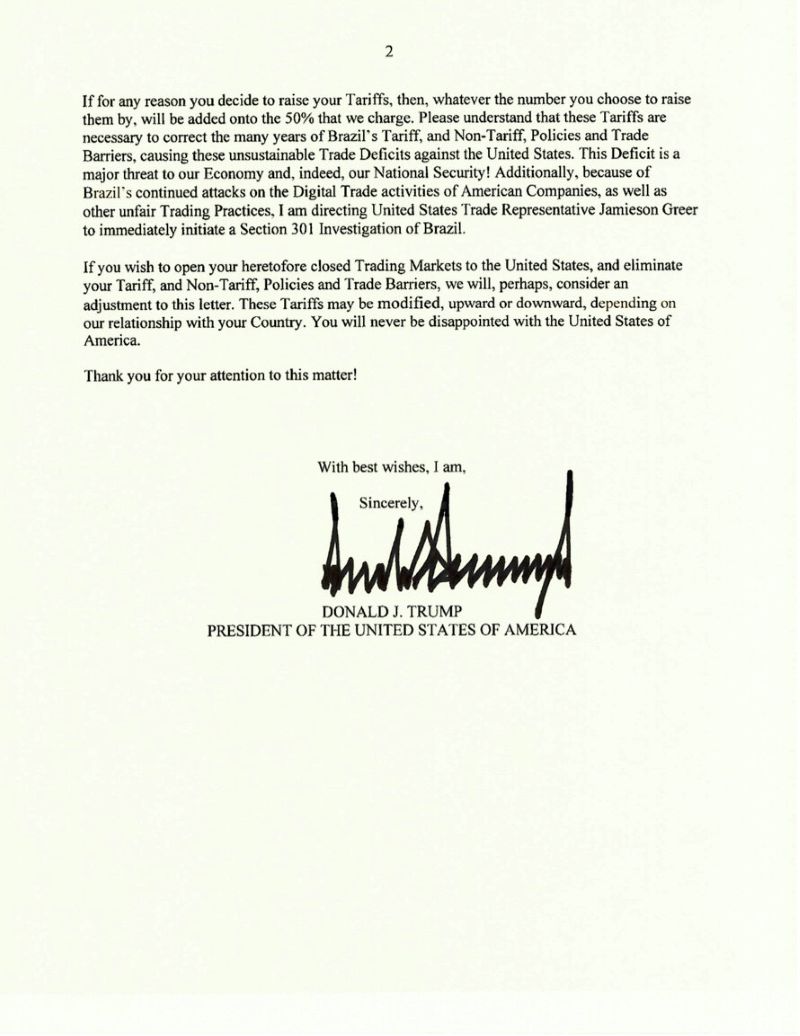 Ông Trump gửi thư thông báo áp thuế với Brazil. Ảnh: TruthSocial/ @realDonaldTrump