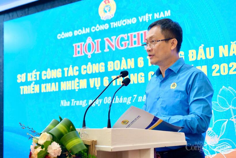 Đồng chí Lê An Hải, Chủ tịch Công đoàn Công Thương Việt Nam phát biểu tại hội nghị. Ảnh: Lê Sơn