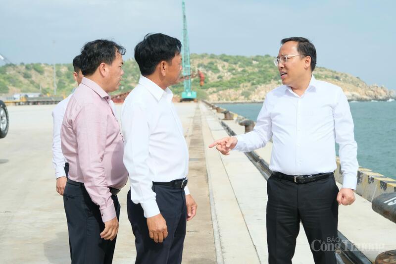 Thứ trưởng Nguyễn Hoàng Long trao đổi với Giám đốc Sở Công Thương Hồ Xuân Ninh về dự án Nhà máy điện khí LNG Cà Ná