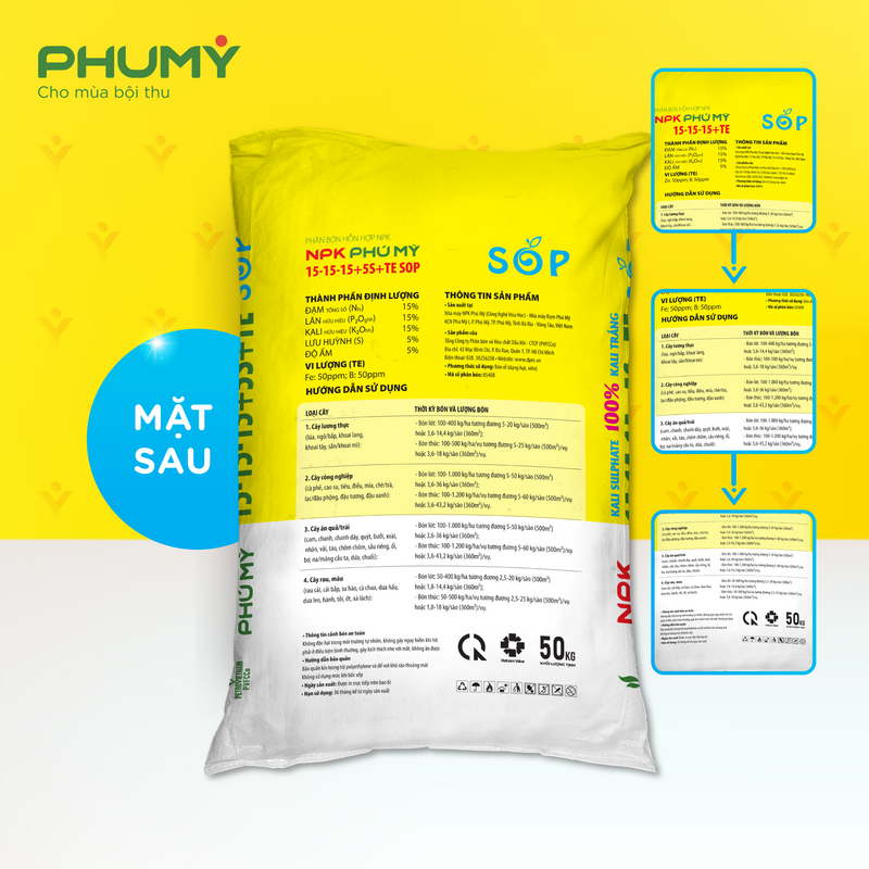 NPK Phú Mỹ 15-15-15+5S+TE SOP sử dụng 100% Kali Sulphate (Ảnh: PVFCCo)