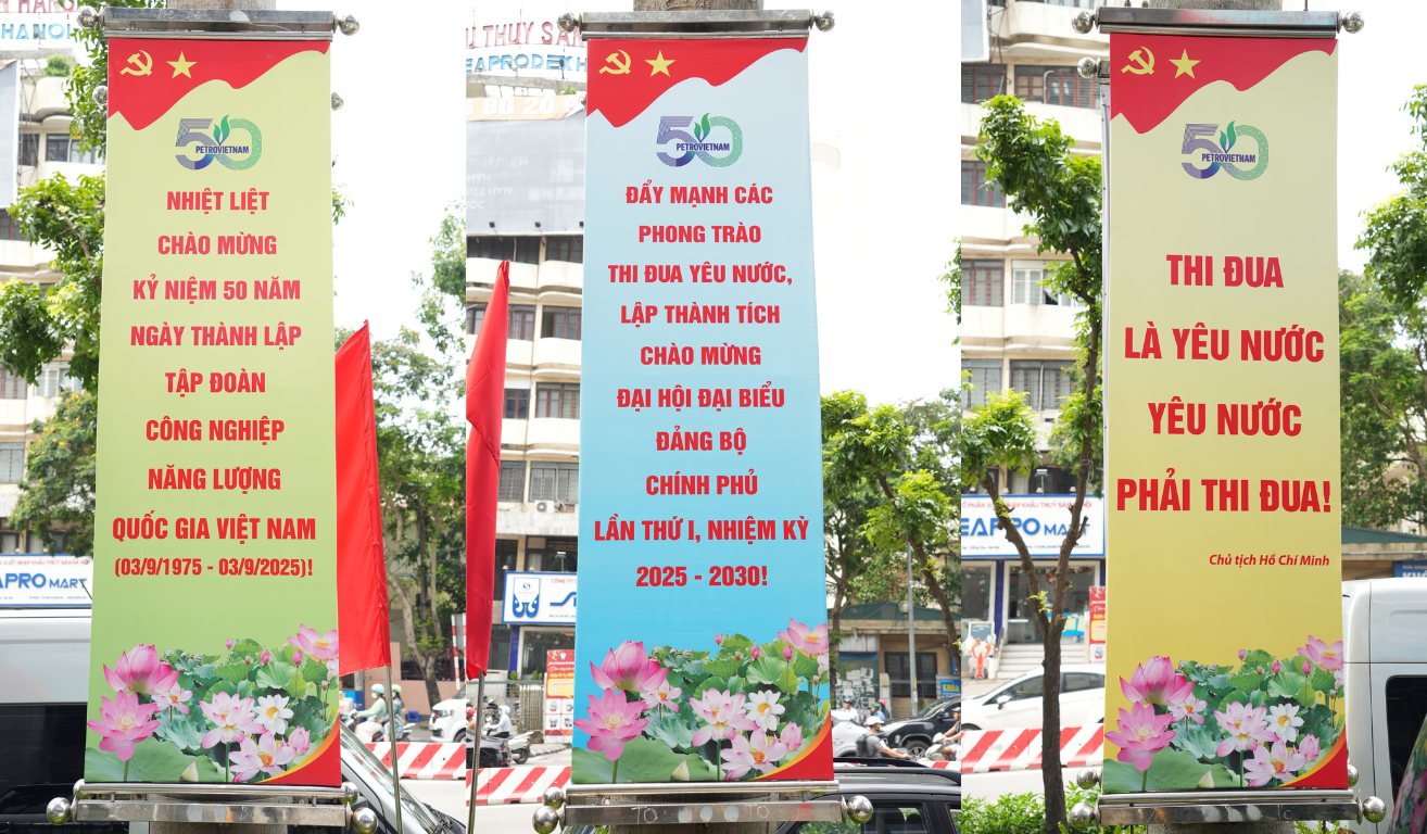 Banner, khẩu hiệu thể hiện quyết tâm, kỳ vọng của người lao động Petrovietnam trước thềm Đảng bộ Petrovietnam bước sang nhiệm kỳ mới