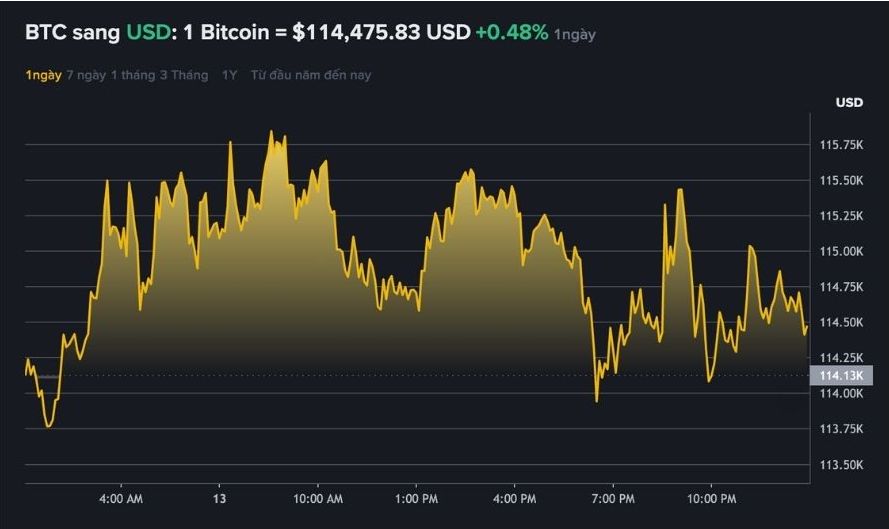 Dữ liệu trên Binance - sàn giao dịch tiền mã hóa lớn nhất thế giới cho thấy giá Bitcoin dần phục hồi, giao dịch quanh vùng 114.000 USD. Nguồn: Binance.com
