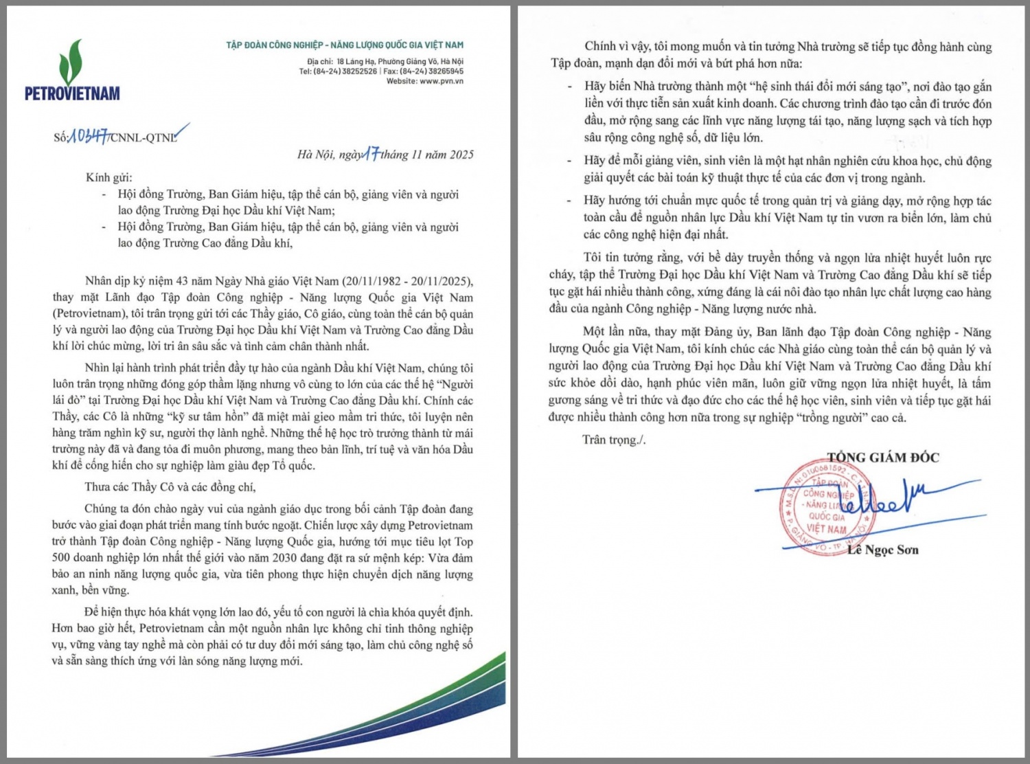 Tổng Giám đốc Petrovietnam Lê Ngọc Sơn gửi thư chúc mừng PVU và PV College nhân Ngày Nhà giáo Việt Nam