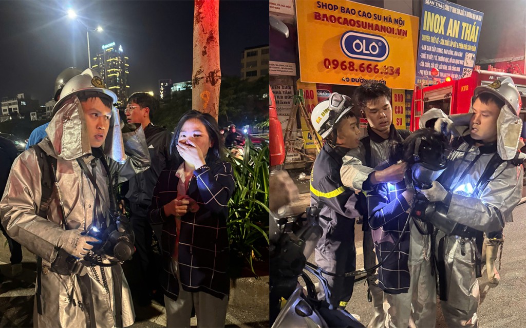 Lực lượng Cảnh sát PCCC và CNCH đưa hai nạn nhân trong vụ cháy nhà dân ở đường Bưởi ra ngoài an toàn