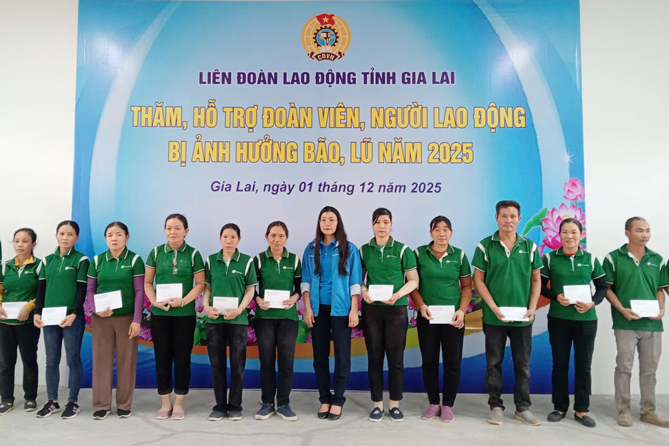 Bà Nguyễn Thị Thanh Thủy trao hỗ trợ cho người lao động tại Công ty TNHH Greewind. Ảnh: Hoài Phương