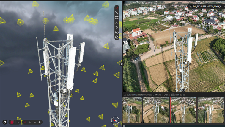 Digital Twin tự động dựng lại mô hình 3D chính xác của trạm BTS dựa trên dữ liệu hình ảnh thu được từ drone, giúp số hóa quy trình vận hành theo thời gian thực.