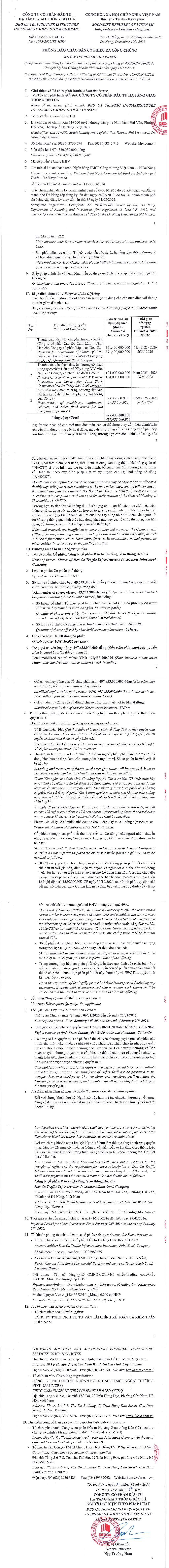 Công ty CP Đầu tư Hạ tầng Giao thông Đèo Cả thông báo chào bán cổ phiếu ra công chúng (Kỳ 1)