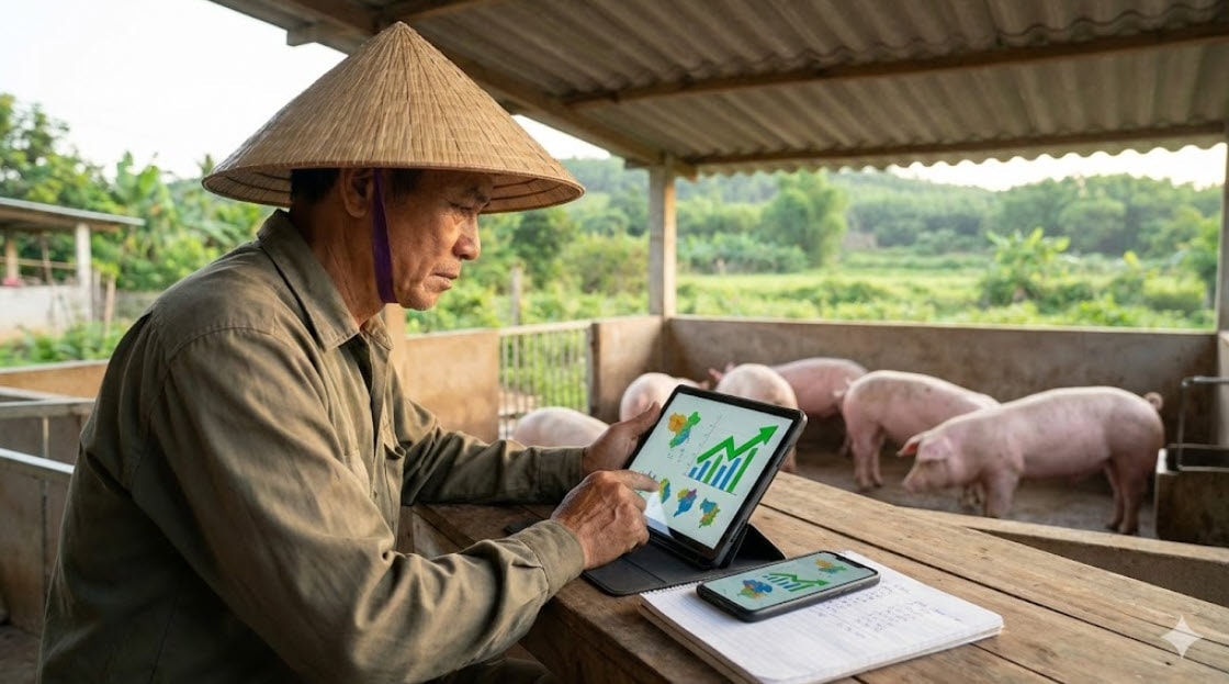 Người chăn nuôi theo dõi biến động giá heo hơi tại các địa phương trong bối cảnh thị trường duy trì mặt bằng giá cao - Ảnh minh họa