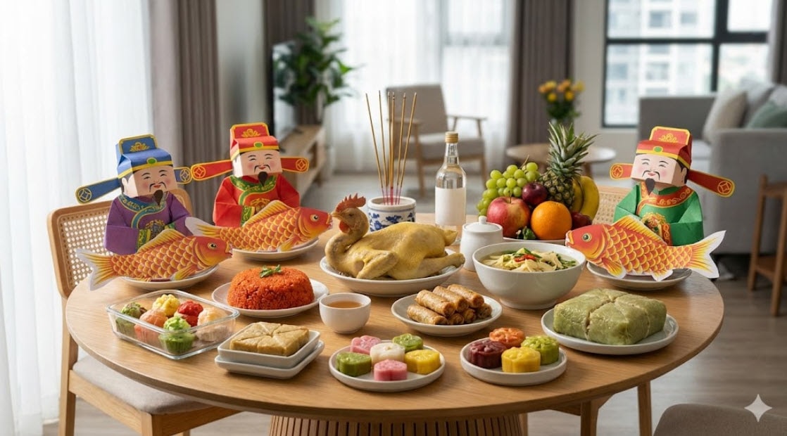 Mâm cỗ cúng Táo Quân được chuẩn bị sẵn với đầy đủ món truyền thống, phục vụ nhu cầu tiện lợi của các gia đình hiện đại - Ảnh minh họa AI