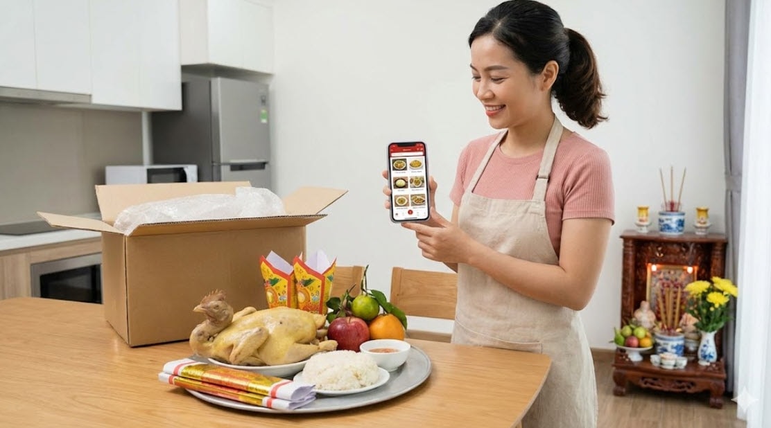 Dịch vụ đặt mâm cỗ Táo Quân qua ứng dụng giúp người nội trợ tiết kiệm thời gian nhưng vẫn giữ nét văn hóa Tết cổ truyền -Ảnh minh họa AI