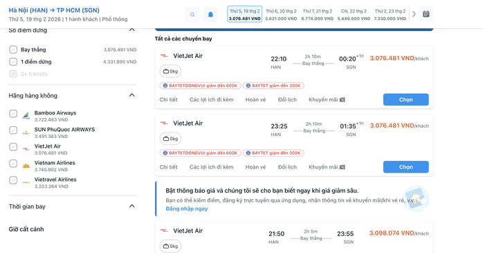 Vé máy bay Tết từ Hà Nội và TPHCM vẫn thấp ngày mùng 3 Tết 2026 - Ảnh 3. Vé máy bay Tết từ Hà Nội và TPHCM vẫn thấp ngày mùng 3 Tết 2026 - Ảnh 3.