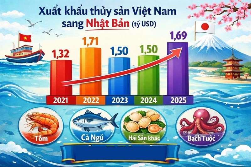 Xuất khẩu thuỷ sản Việt Nam sang Nhật Bản qua từng năm. Nguồn: Vasep.