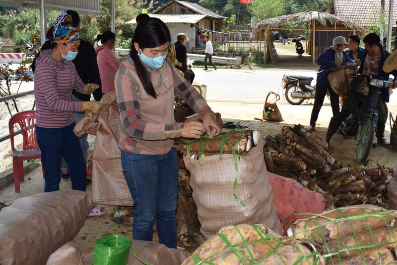 Nhiều người dân bán lẻ hoặc đóng măng vào bao tải ngay ven đường quốc lộ cho khách. Ảnh: Trường Sơn