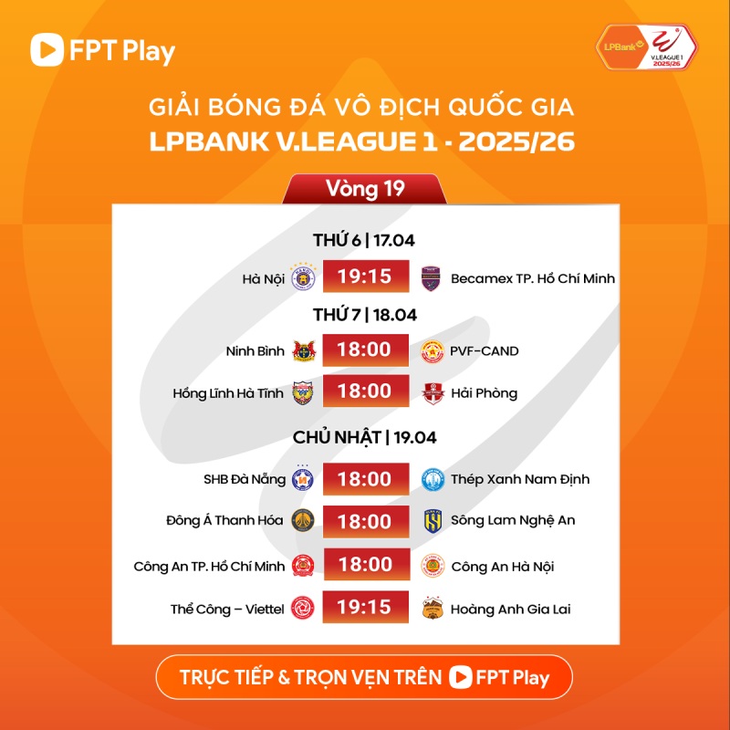Lịch thi đấu vòng 19 V.League 2025-2026. Ảnh: FPT Play