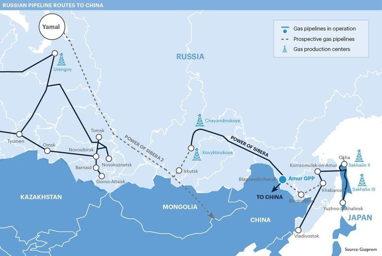 Các đường ống dẫn khí từ Nga đến Trung Quốc, gồm 2 đường ống Power of Siberia 1 và 2 (Sức mạnh Siberia 1 và 2). Ảnh: Gazprom khi-dot-nga-17569755495771701941378.jpg