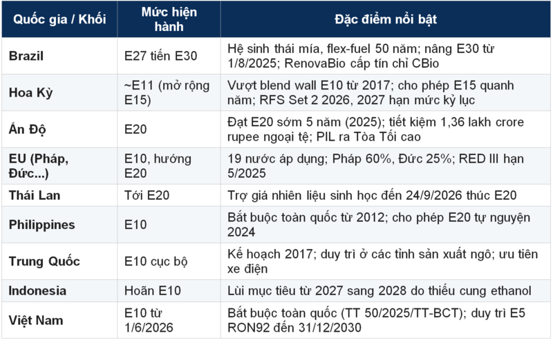 Bảng 1.1. Bản đồ pha trộn ethanol theo quốc gia và khối.
