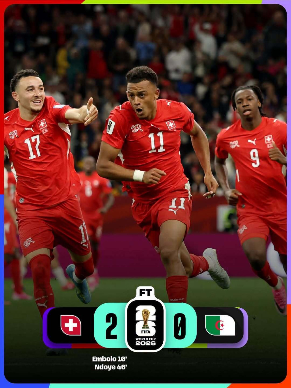 Thụy Sĩ dễ dàng đánh bại Algeria để góp mặt ở vòng 1/8 World Cup 2026. Ảnh: FIFA 736715249-3533257286850637-1858944045365503429-n.jpg