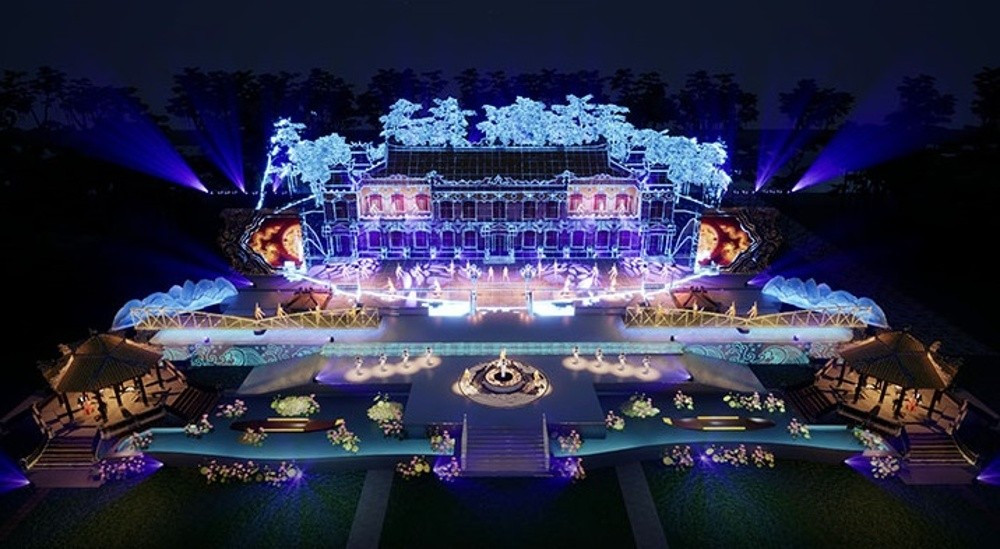 Sân khấu Lễ hội Âm nhạc và Di sản quốc tế Huế - Huế Wonderverse Fest 2026 ứng dụng hệ thống LED, Visual Mapping, Interactive Media. Ảnh minh họa/BTC 1an1.jpg