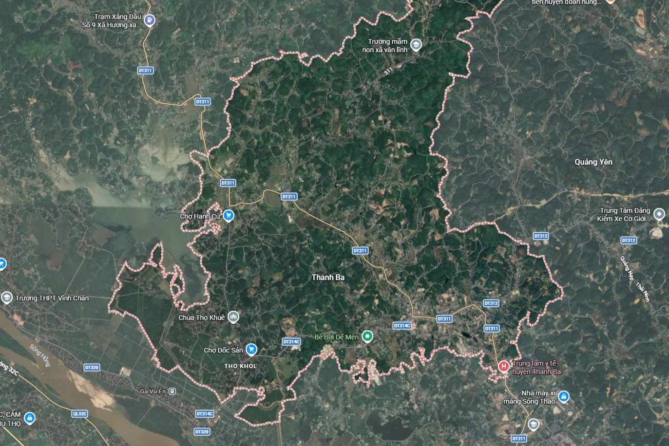 Xã Hanh Cù cũ thuộc khu vực phía Tây Bắc của xã Thanh Ba hiện tại. Ảnh chụp Google Maps: Tô Công