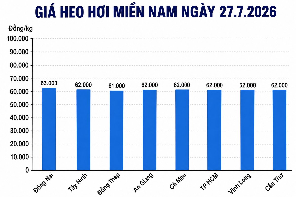 Giá heo hơi hôm nay 27.7 tại khu vực miền Nam. Đồ họa: Thùy Linh