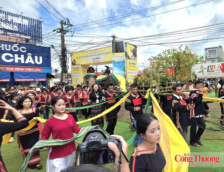 Nghi thức rước “Nữ hoàng sầu riêng” từ cây sầu riêng cổ thụ về sân khấu chính.