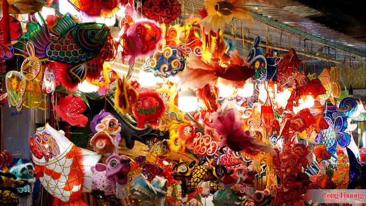 Đèn lồng giấy bóng kính truyền thống với các tạo hình dân gian như cá chép, thỏ ngọc... được bày bán san sát, cho thấy sự ưa chuộng các mặt hàng thủ công vẫn là chủ đạo.