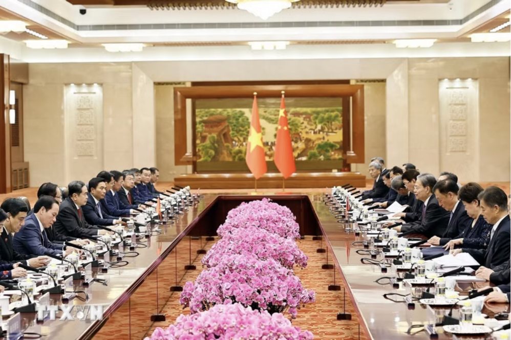 Chủ tịch Quốc hội Trần Thanh Mẫn hội đàm với Ủy viên trưởng Ủy ban thường vụ Đại hội Đại biểu Nhân dân toàn quốc Trung Quốc Triệu Lạc Tế và đồng chủ trì Phiên họp lần thứ 2 Ủy ban hợp tác giữa Quốc hội Việt Nam và Nhân đại toàn quốc Trung Quốc. Ảnh: TTXVN
