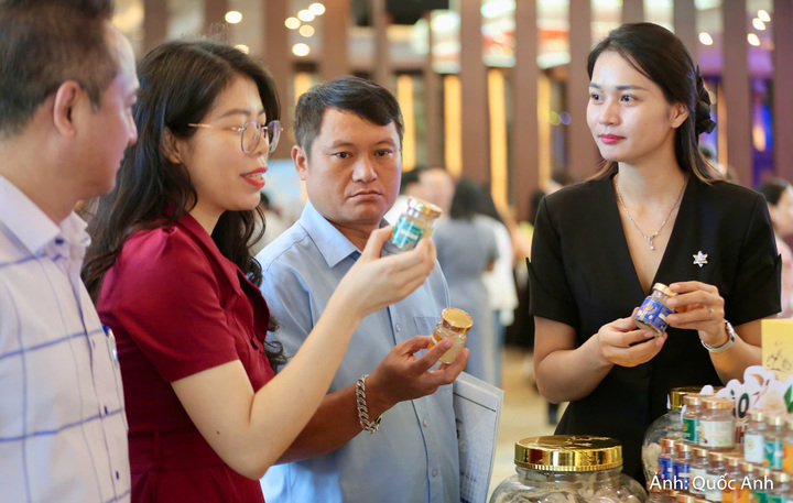 Bà Nguyễn Thị Mai - Phó Giám đốc Công ty TNHH Sản xuất và Thương mại Yến sào xứ Thanh giới thiệu sản phẩm.